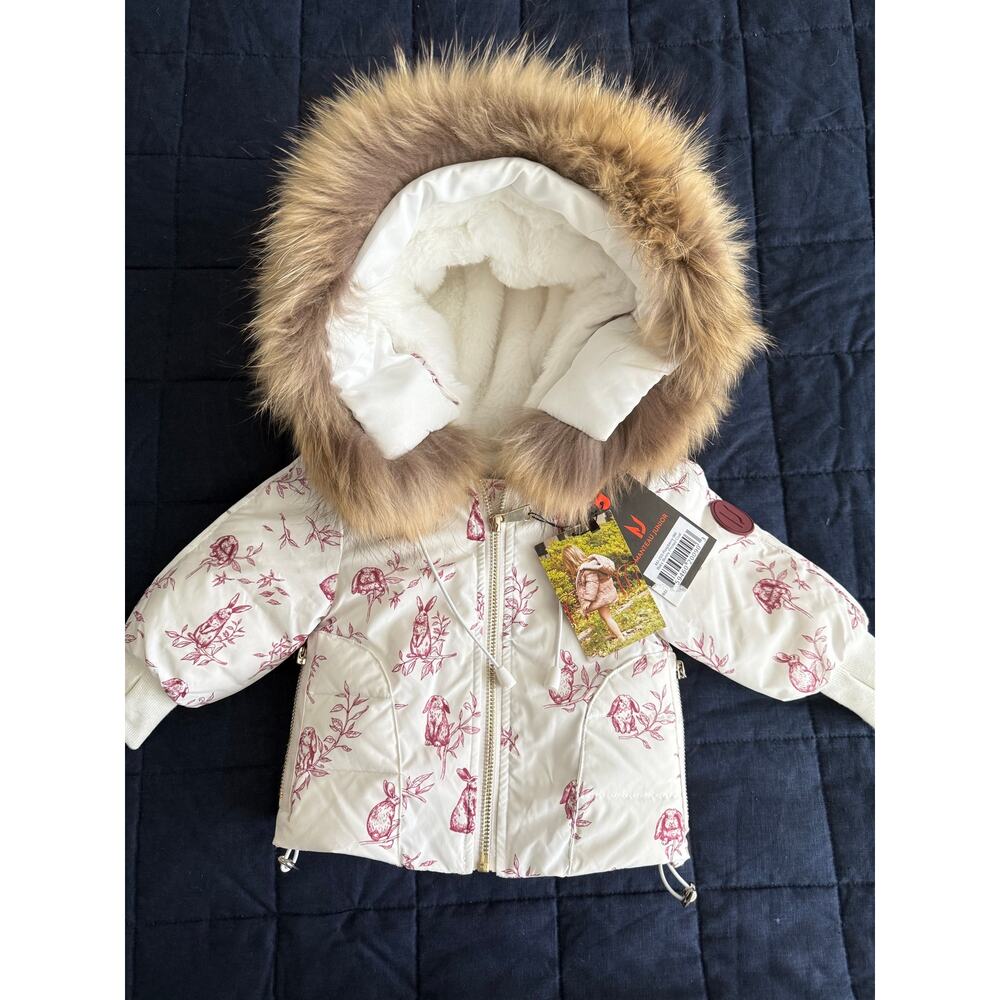 NWT MANTEAU JUNIOR BABY BUNNY WHITE RASPBERRY PINK FUR LINED DOWN COAT 9M $169